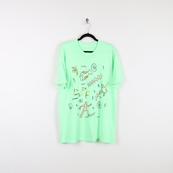 Vintage 90s Mint Green Surf Abstract Fish Palm Tr… - image 1