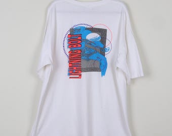 Vintage 90s Lightning Bolt Volleyball White Graphic Print Tee Sports Surfer Surfing Summer Beach T-shirt Size XXL