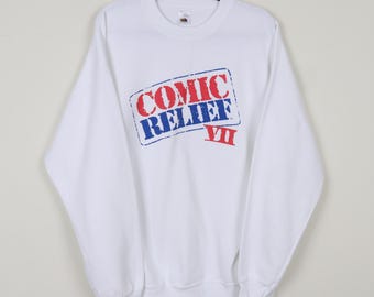 Vintage 90s White Comic Relief VII 1995 White Graphic Print Crewneck Sweatshirt Where There's Laughter There's Hope Pullover Sweater Size XL