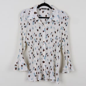 Vintage Y2K Essentials By Milano Polka Dot Print Pattern Long Sleeve Blouse Button Up Stretchy Ruffle Cuffs Retro Funky Top Size XL