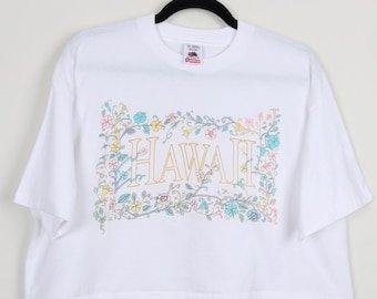 Camiseta corta con estampado gráfico blanco hawaiano y flores vintage de los años 90, con costura simple y estampado de flores retrabajado, para playa, verano, talla XL