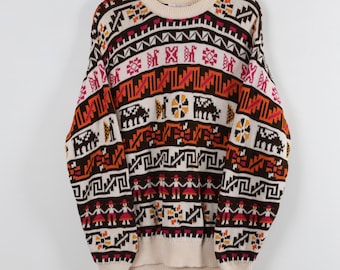 Vintage 90s United Colors Of Benetton Colorful Fair isle Geometric Pattern Crew Neck Sweater Ribbed Knit Knitted Pullover Sweater Size Large