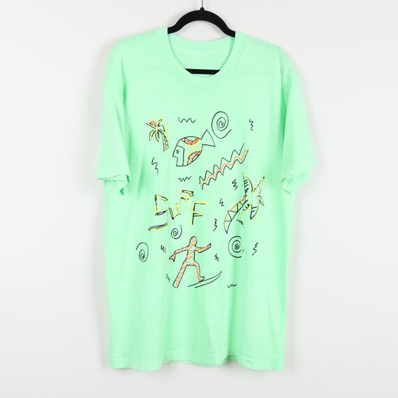 Vintage 90s Mint Green Surf Abstract Fish Palm Tr… - image 5