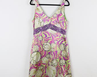 Vintage Y2K 100% Silk Girlfriend by Silversilk Abstract Floral Pattern Baby Doll Casual Dress Multicolor Coquette Midi Dress Size Medium