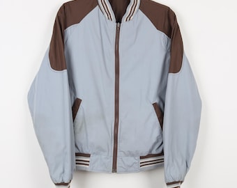 Vintage 90s Brown & Gray Reversible Bomber Jacket Band Collar Reverse Preppy Full Zip Lined Hem Bomber Jacket Size Large
