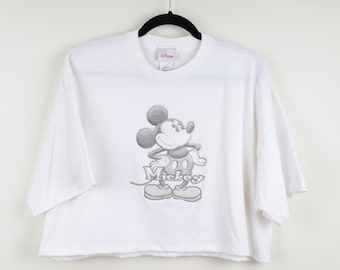 Vintage 90s Charcoal Mickey Mouse Graphic Print Cropped Tee Walt Disney Black & White Cute Comfy Reworked Minimalist Crop Top Size 2X