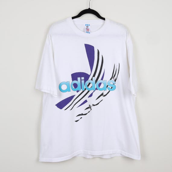 Vintage Y2K Adidas Purple Wave Logo White Graphic Print T-shirt