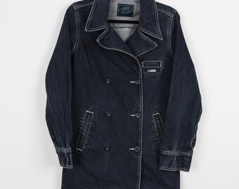 Vintage Y2K Steve Madden Blue Denim Jean Logo Embroidery Jacket Button Down Double Breasted peacoat style Women's Jean Jacket Size Small