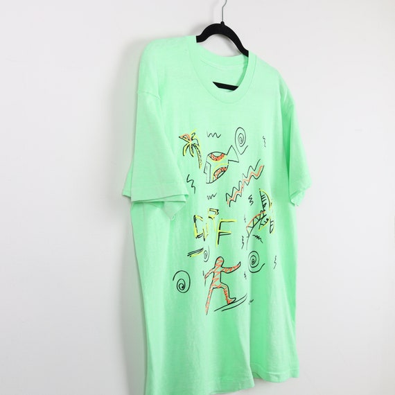 Vintage 90s Mint Green Surf Abstract Fish Palm Tr… - image 2