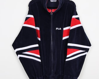 VINTAGE FILA VELOUR TRACK JACKET 70s 80s BLUe RED RETRO ZIP