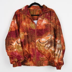 Vintage 90s Fire Orange Leopard Cheetah Animal Print Pattern Jacket Full Zip Forest Wild Animals Women&#39;s Windbreaker Jacket Size medium