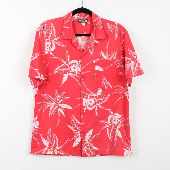 Vintage 90s Floral Miami Vice Red Short Sleeve White Flowers