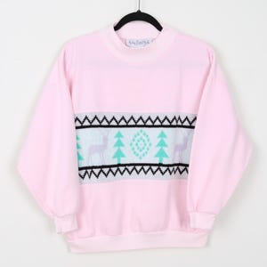 Vintage 90s Geometric Deer Animal Pattern Embroidered Stitch Knit Pullover Sweater Knitted Preppy Crew Neck Sweatshirt Size Large