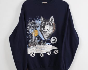 Vintage 90s NWF National Wildlife Federation Wolves Navy Graphic Print Crew Neck Sweater Animals Forest Moon Nature Crew Neck Size Medium