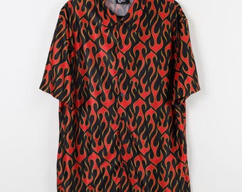 Vintage 90s / 2000s Y2k Grey Tribal Dragon Flame Fire Button up
