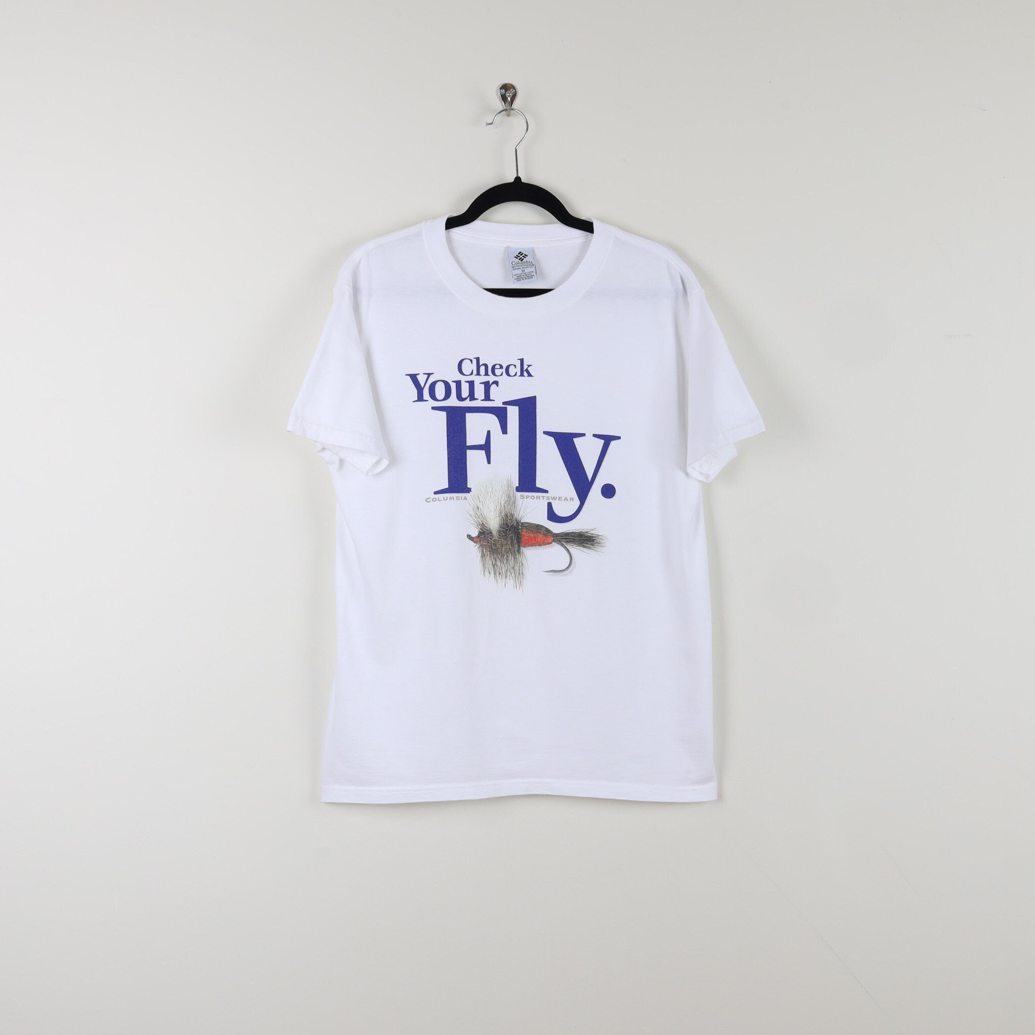Vintage 90s White Check Your Fly Columbia Sportswear Graphic Print 
