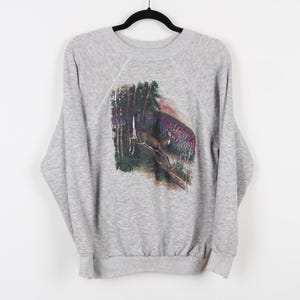 Vintage 90s Champion Buck Gray Running Deer Animal Graphic Crew Neck Sweater Nature Wildlife Habitat Pullover Sweatshirt Size Large