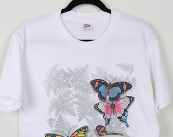 Vintage 90s White Butterflies Graphic Print Cropped Tee Colorful Butterflies Leaves Single Stitch Reworked Crop Top T-shirt Size Medium