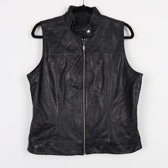 Vintage 90s Black Leather Vest Tank Zip up Snap Button