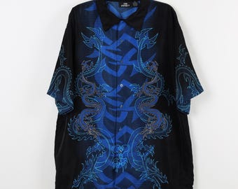 Vintage Y2K Dragon Print Pattern Short Sleeve Shirt Blue Chinese Characters China Dragons Funky Button Down Shirt Size XL