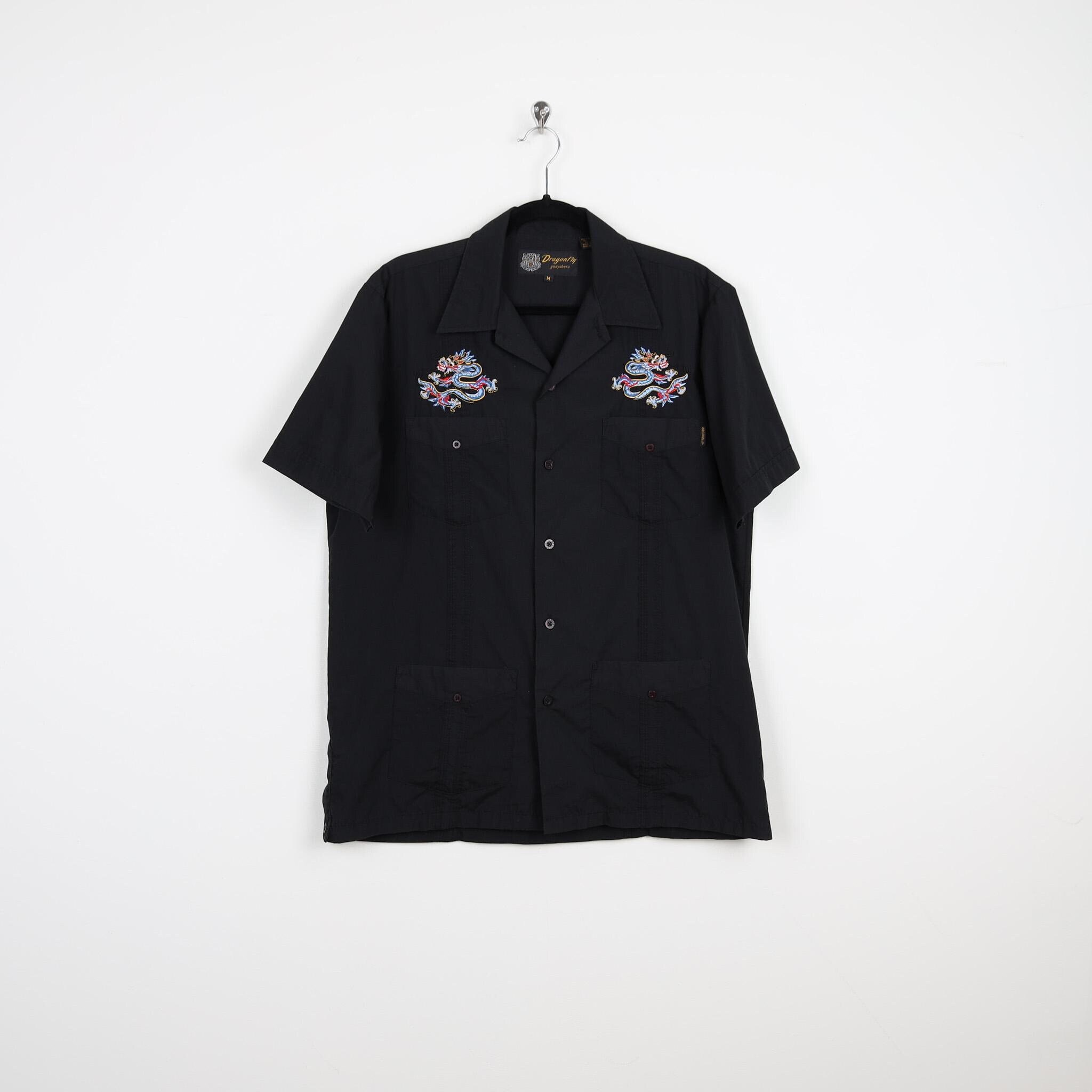 Vintage 90s Black Dragonfly Guayabera Embroidered Dragon Short