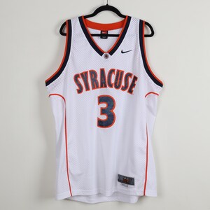 May include: White mesh Syracuse basketball jersey with orange and navy blue accents. Features the word "SYRACUSE" in orange lettering and the number "3" in navy blue. Includes a Nike logo and a V-neck design.