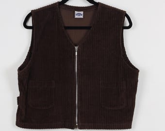 Vintage 90s Essentials Brown Corduroy Zip Up Vest Tank Western Cowgirl Side Button Straps Vest Size Medium