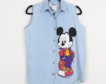 Vintage 90s Mickey Mouse Embroidered Denim Jean Blouse Disney Mickey Graphic Print Cartoon Button Up Tank Top Size Small