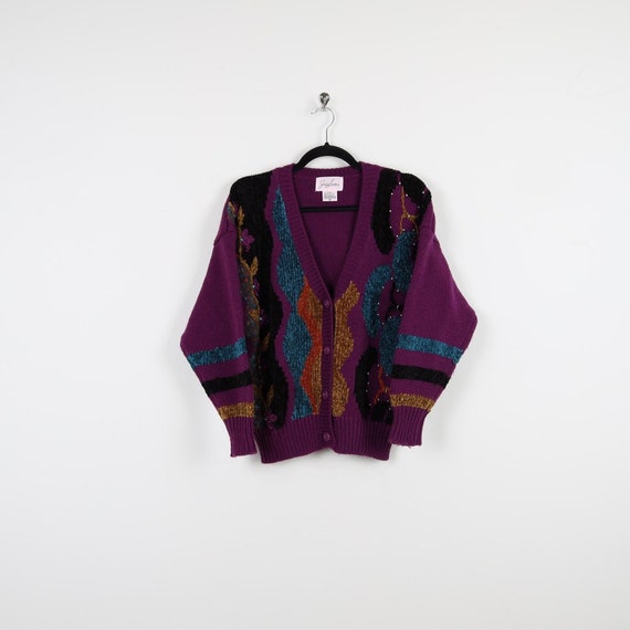 Used Womens 90s Lavender Geometric Pattern Wool Knit Size M 古着 Vintage 90s Purple Bejeweled Beaded Abstract Pattern Knitted