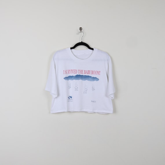 Vintage 90s I Survived The Baby Boom St Josephs Women's Hospital Nicu Babies Graphic Cropped Tee Single Stitch Reworked Crop Top Size Large