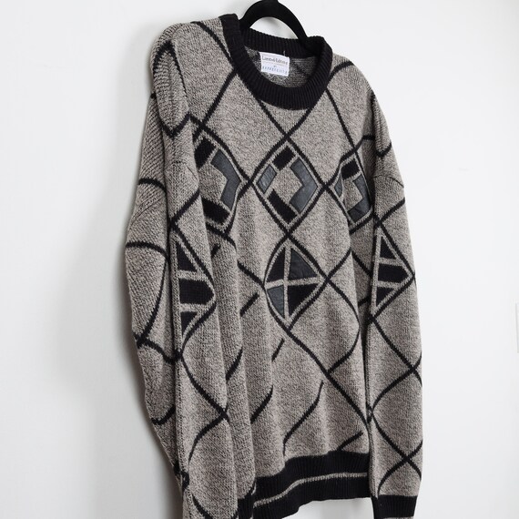 90's「Vintage」Argyle Knit & Lamb Leather Vintage Grandpa Knit Wool Sweater Medium Multicolor V-neck
