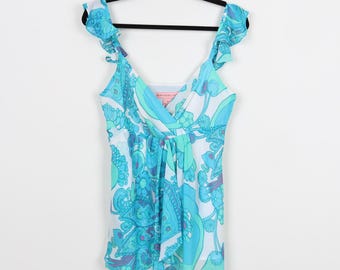 Vintage Y2K Blue Bandolino Abstract Floral Ruffle Sleeve Cami Tank Top Preppy Summer Feminine Sexy Tank Blouse Size 10-XS