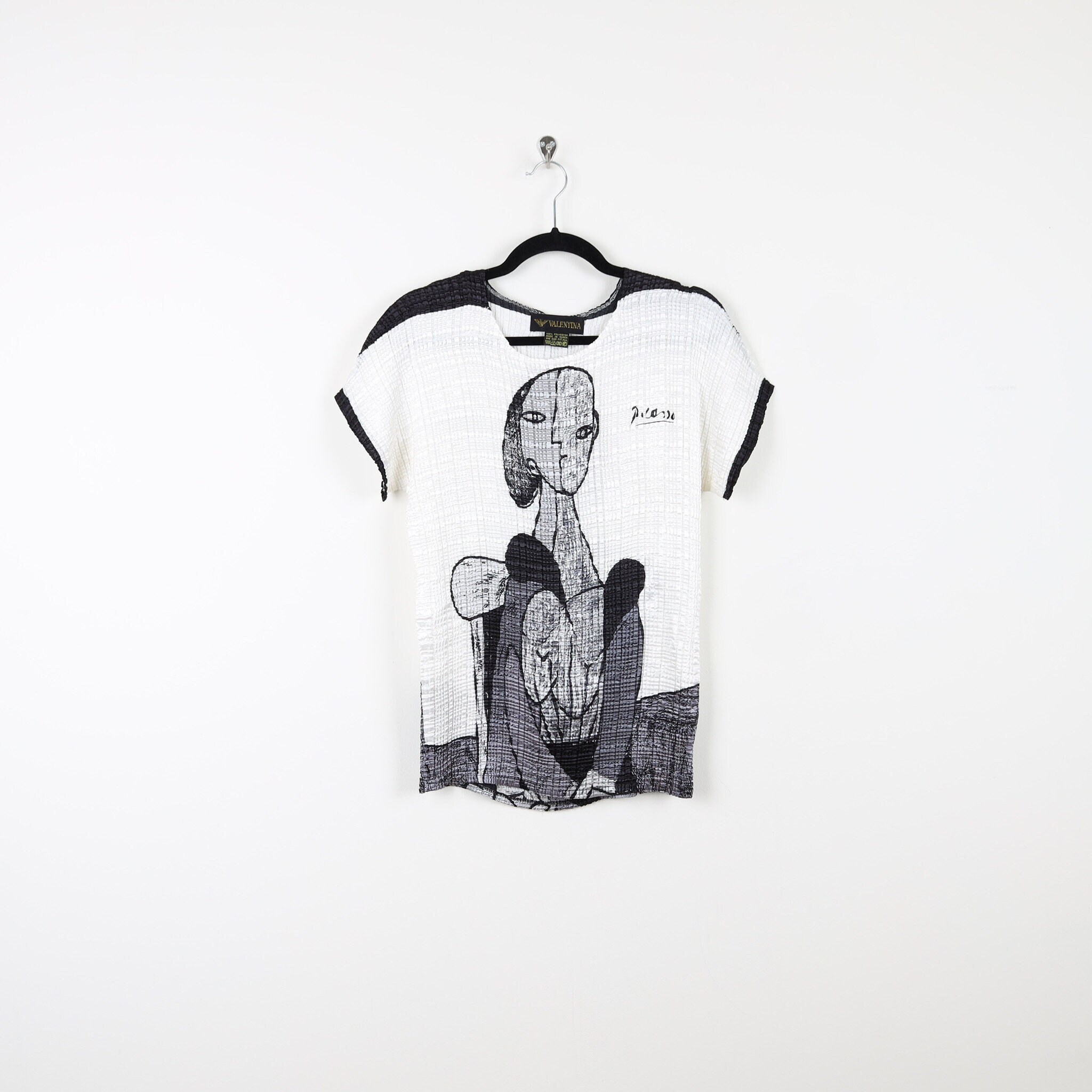 Vintage 90s Valentina Picasso Crinkle Popcorn Top Black & White 