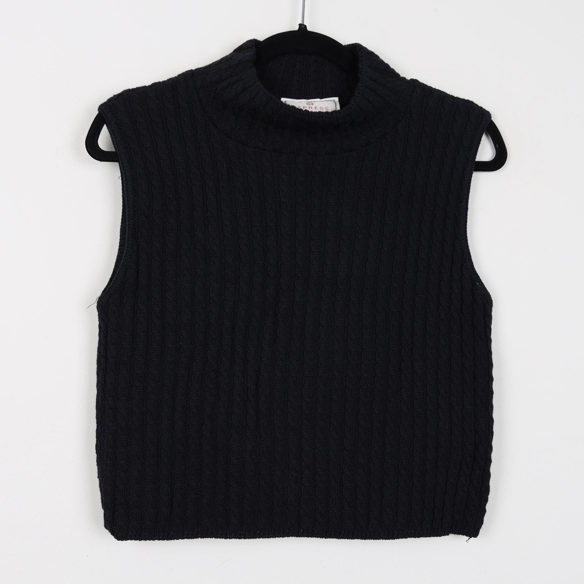 Vintage 90s Express Tricot Ribbed Knit Tank Top Black High Neck