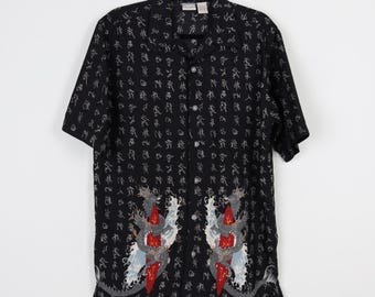 Vintage Y2K Black Dragons Animals Print Pattern Short Sleeve Shirt Button Down Chinese China Dragon Animal Shirt Size Small