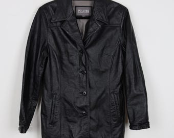 Vintage 90s Black Wilsons Leather Women's Jacket Western Style Double Breasted Stylish Trench Coat Moto Motorcycle Biker Jacket Size Medium