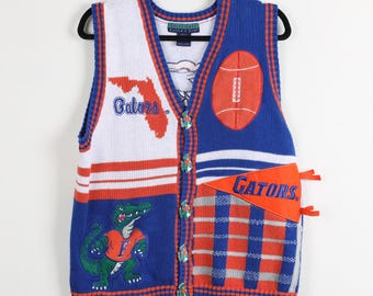 Vintage 90s Florida Gators Embroidered Logo Cable Knit Vest Tank Top Ribbed Knit Knitted Football Athletic Sports Sweater Vest Size Medium