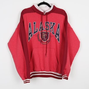 Vintage 90s Red Alaska PC Crew Red Graphic Print Pullover Sweater Diport USA Double Layer String Chalk Line Striped Sweatshirt Size Medium