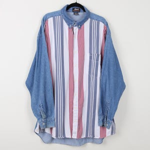 Vintage 90s Impact Striped Faded Blue Denim Long Sleeve Shirt Button Down Multicolor Vertical Striped Western Cowboy Shirt Size 2X