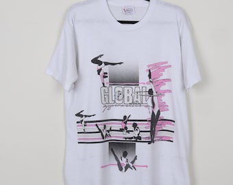 Vintage 90s Global Gymnastics White Graphic Print Tee Fitness Sports Single Stitch T-shirt Size Large