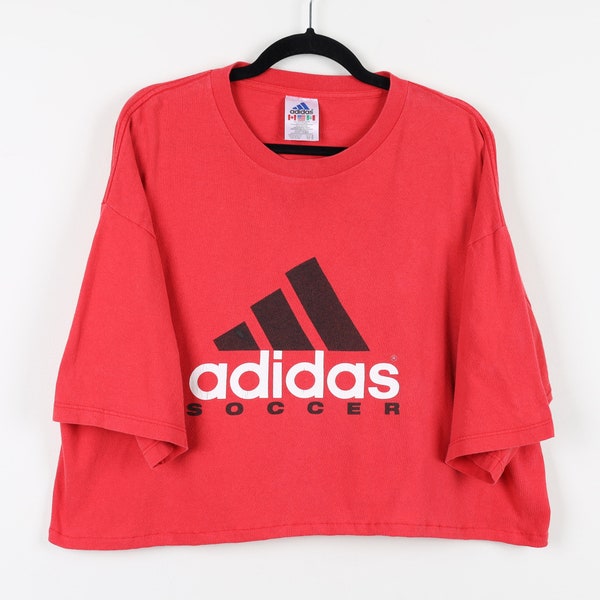 Vintage 90s Red Adidas Soccer Logo Graphic Print Crop Top T-Shirt Reworked Athletic Sports Cropped Tee Size XL