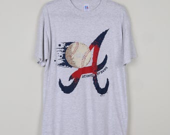 Vintage 90s Russell Athletic 1995 MLB Atlanta Braves Gray Graphic Print T-shirt Major League Baseball Sports Tee Size Large