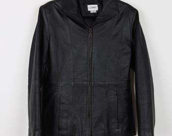 Vintage 90s Comint Classic Black Zip Up Leather Jacket Collar Button Down Motorcycle Biker Rider Moto Leather Jacket Size Small