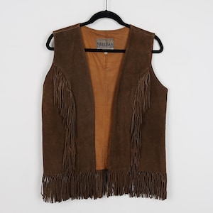 Vintage 70s Brown Sullivan of Albuquerque Fringe Leather Suede Vest BOHO Western Rodeo Cowboy Women&#39;s Bohemian Vest Tank Size 12-Medium