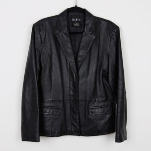 Vintage 90s Black Leather Blazer Jacket Coat Style Minimalist Classic Double Breasted Long Leather Jacket Size Medium
