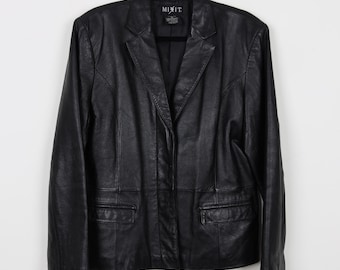 Vintage 90s Black Leather Blazer Jacket Coat Style Minimalist Classic Double Breasted Long Leather Jacket Size Medium