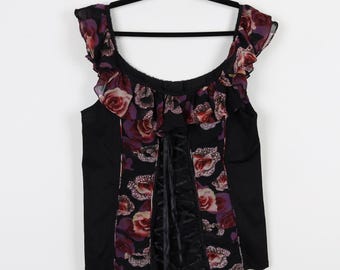 Vintage Y2K Black & Burgundy Floral Print Pattern Ruffle Lace Tank Top Tripp NYC Grunge Babydoll Style Tank Blouse Size 2-Medium