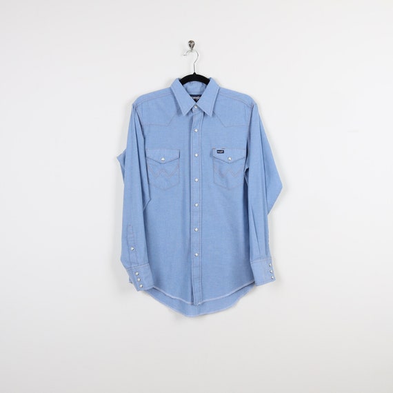 Vintage 90s Wrangler Blue Long Sleeve Shirt Cowbo… - image 1