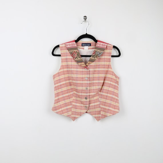 Vintage 90s Pink Plaid Striped Crop Top Vest Tank… - image 1