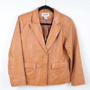 VTG 90s Glossy Tan Trendy Leather Jacket, Double Breasted Collar Button Down Side Pockets Rocker Style Preppy Fall Jacket, Size 8P - Small